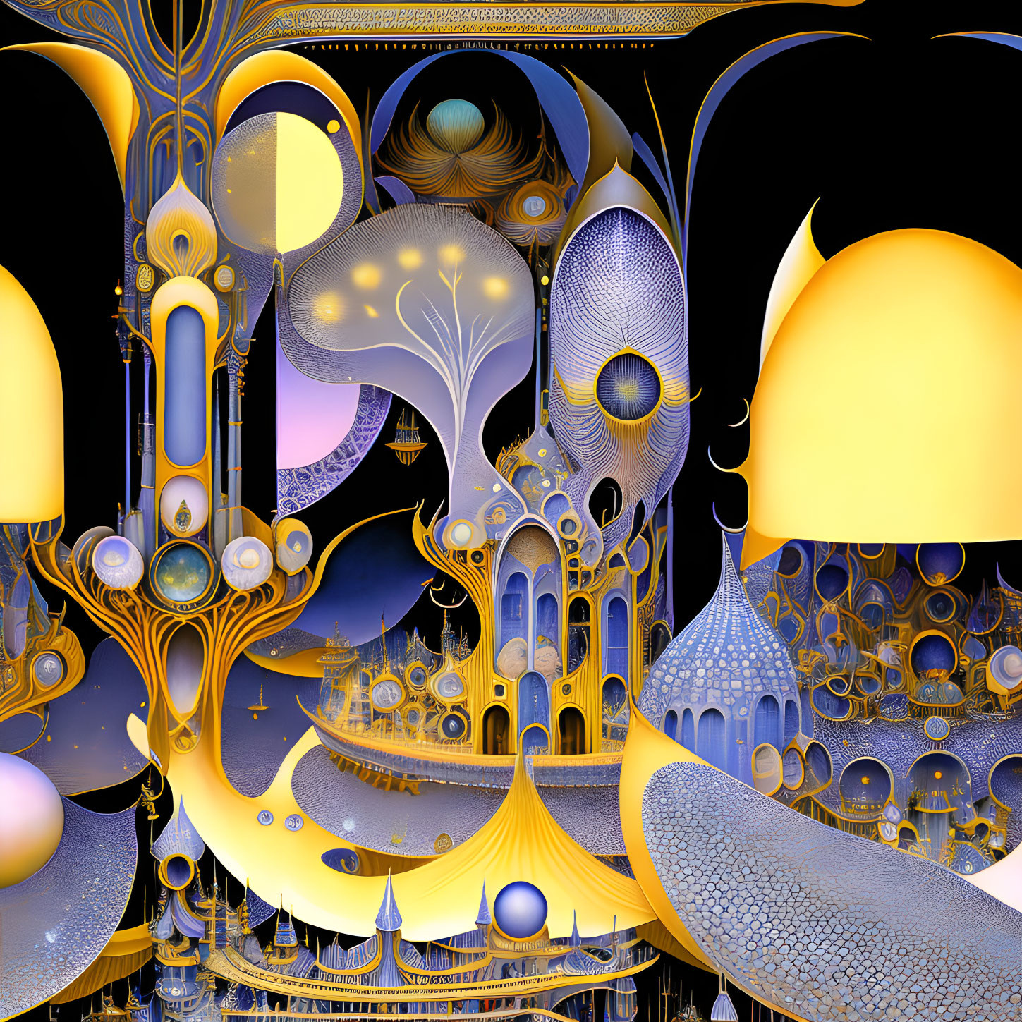 Intricate Gold and Blue Fractal Image with Abstract Architecture