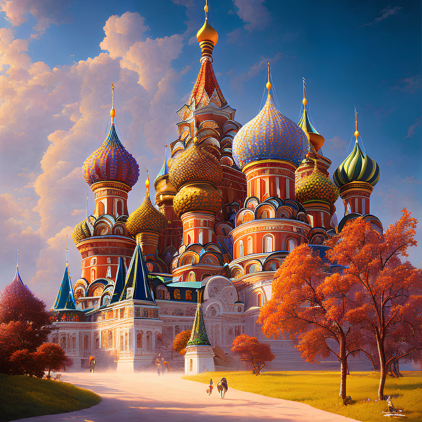 Iconic Saint Basil's Cathedral illustration with colorful domes, autumn trees, and a couple walking