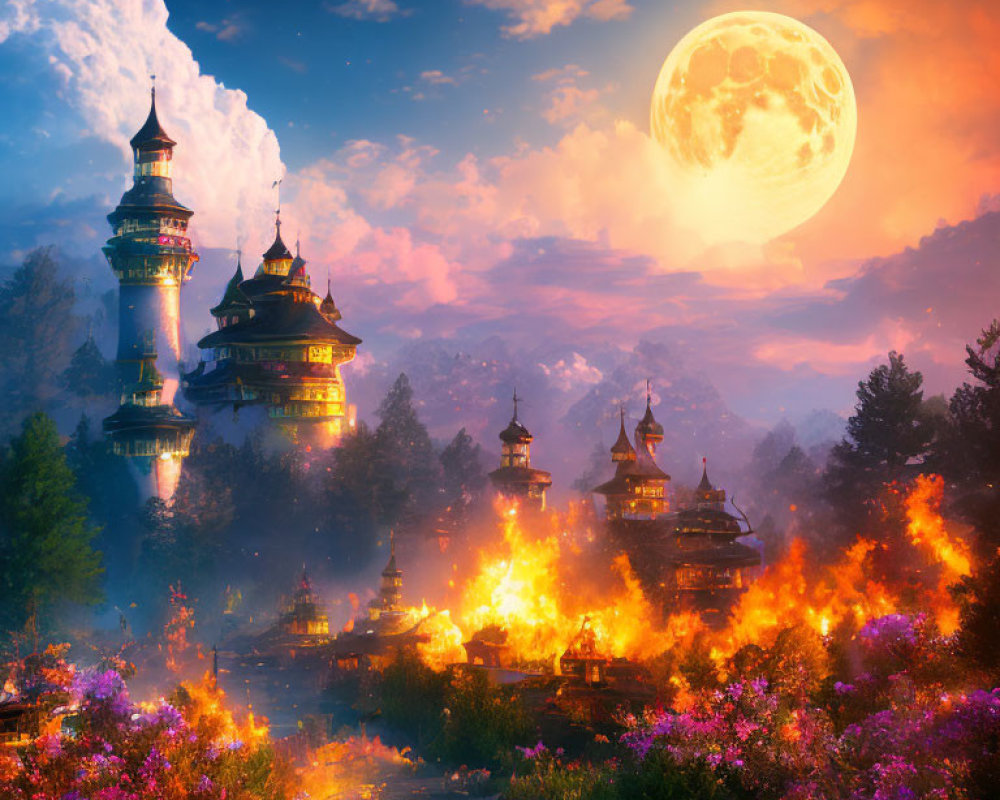 Fantasy landscape with traditional towers, trees, full moon, and drifting clouds