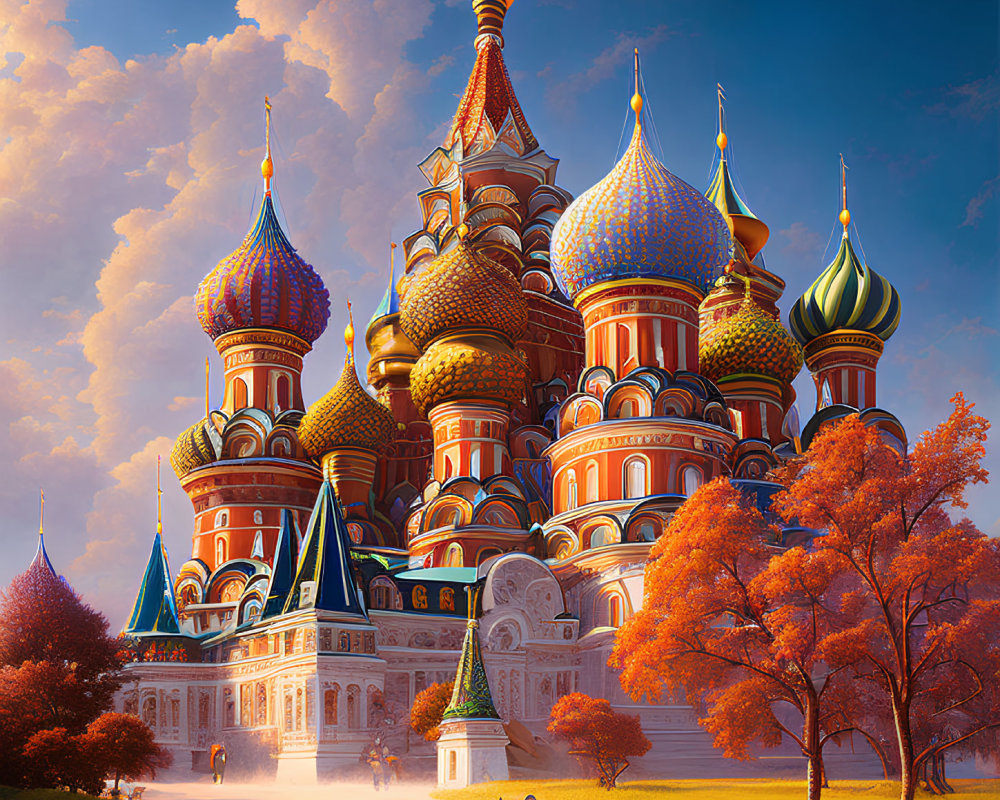 Iconic Saint Basil's Cathedral illustration with colorful domes, autumn trees, and a couple walking
