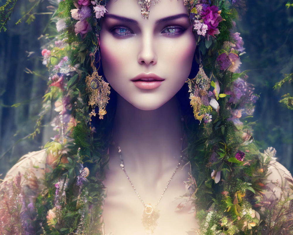 Woman with Striking Blue Eyes and Floral Headpiece in Mystical Setting