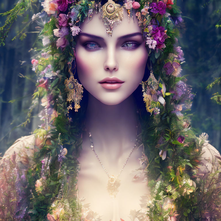 Woman with Striking Blue Eyes and Floral Headpiece in Mystical Setting