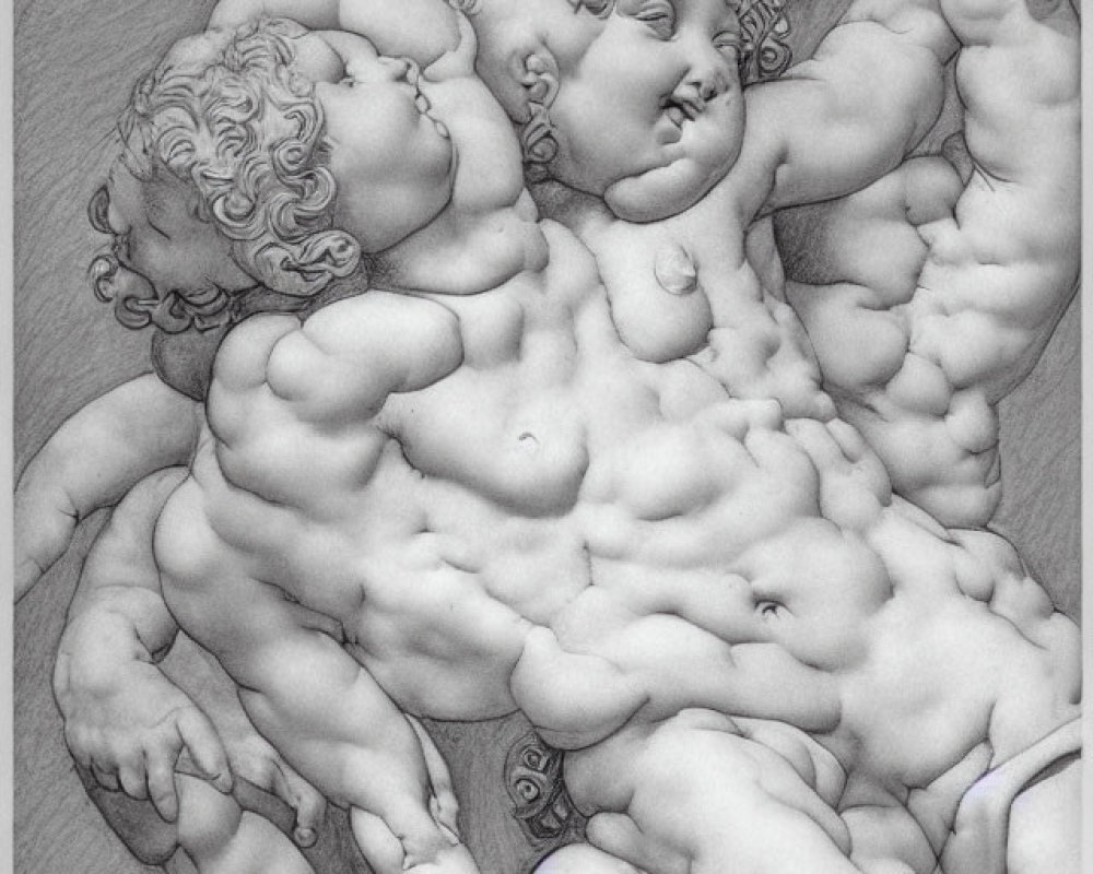 Detailed Renaissance-style sculpture drawing of muscular male figure with cherubs