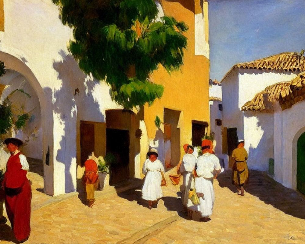 Colorful painting of sunny street scene with traditional attired people, white buildings, green trees, deep
