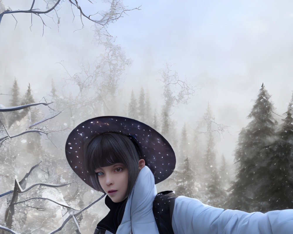 Digital artwork of woman in white coat and hat in snowy landscape