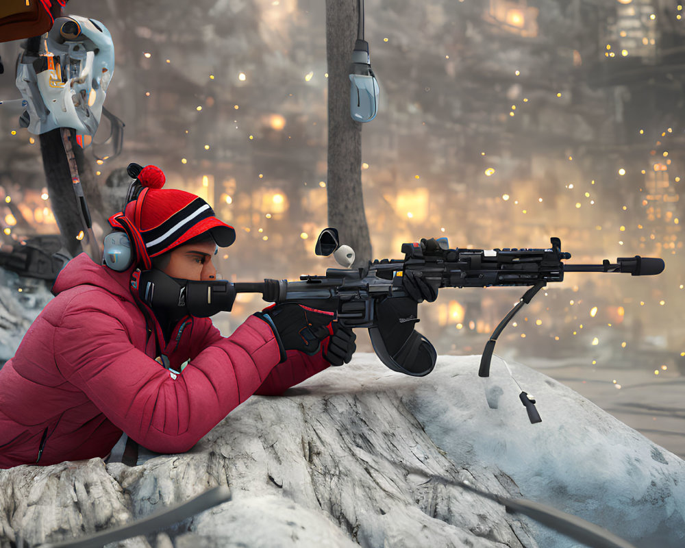 Person in red beanie aiming sniper rifle in snowy futuristic cityscape