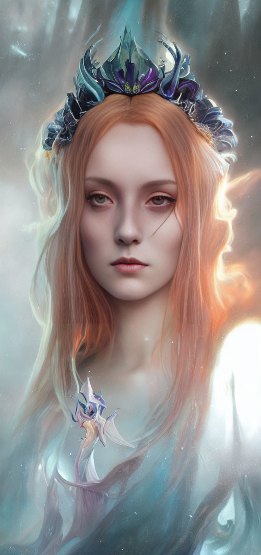 Digital artwork: Woman with red hair, floral crown, and mystical aura