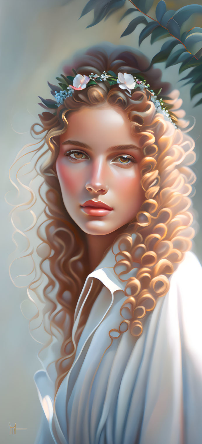 Blonde Curly-Haired Woman with Floral Crown in Soft Digital Art