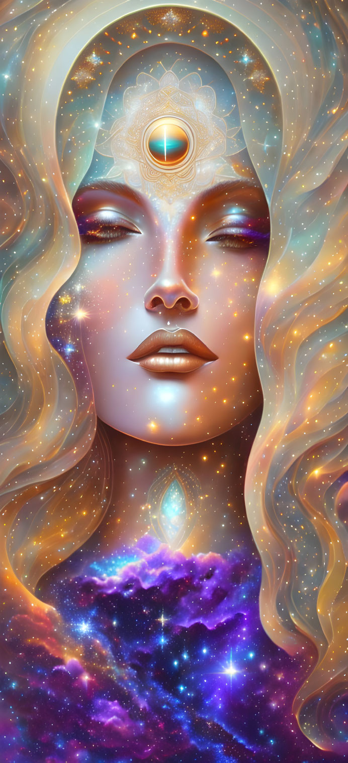 Mystical woman with cosmic elements and galaxy-themed hair art.