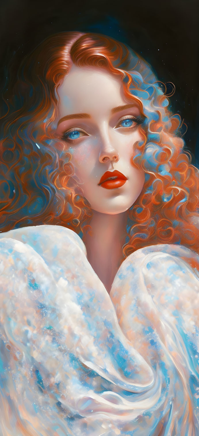 Portrait of Woman with Curly Red Hair and Blue Eyes in White Garment