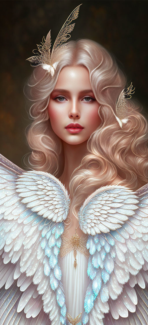 Blonde woman with white angel wings and golden hair accessories