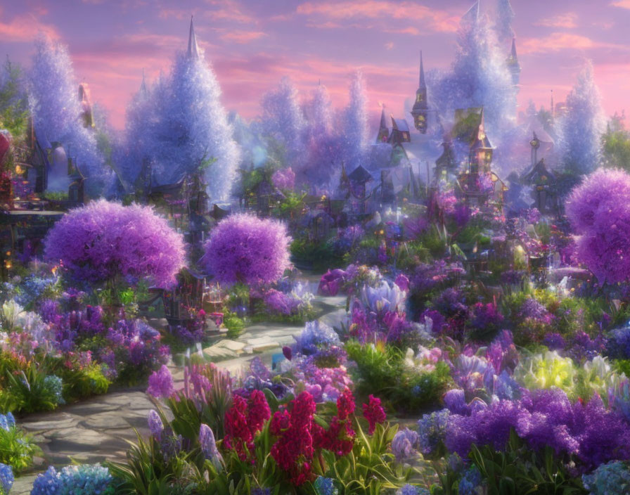 Fantasy garden with purple and blue flora and whimsical cottages in soft light