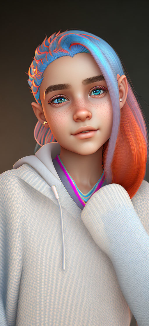 Young person with blue and orange hair in white hoodie - serene expression