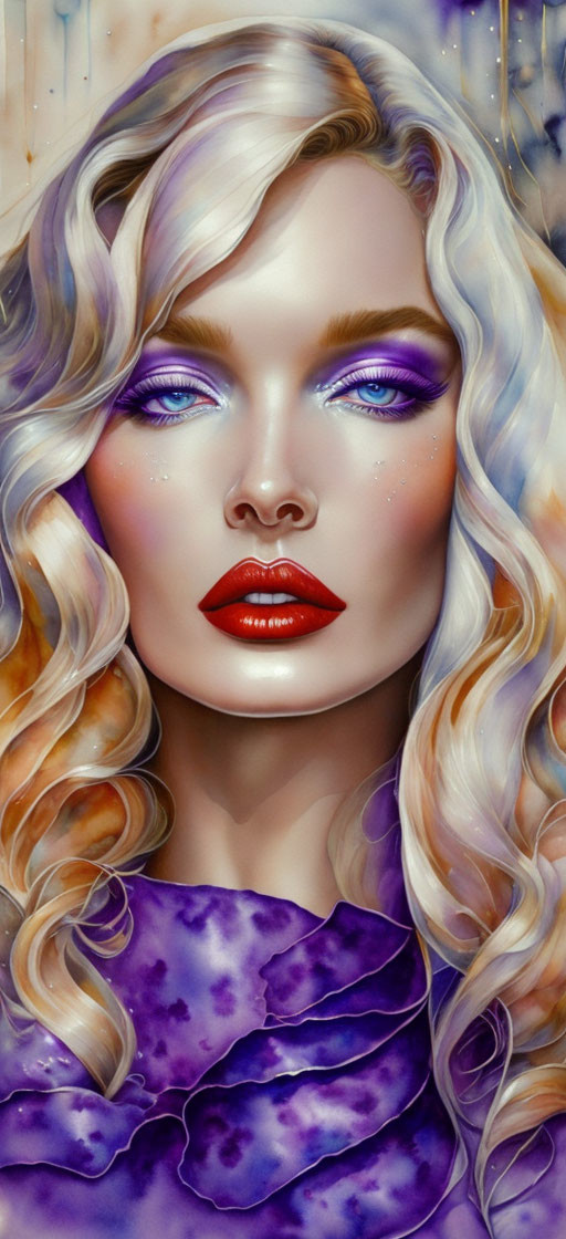 Digital Art Portrait of Woman with Blonde Hair & Purple Makeup