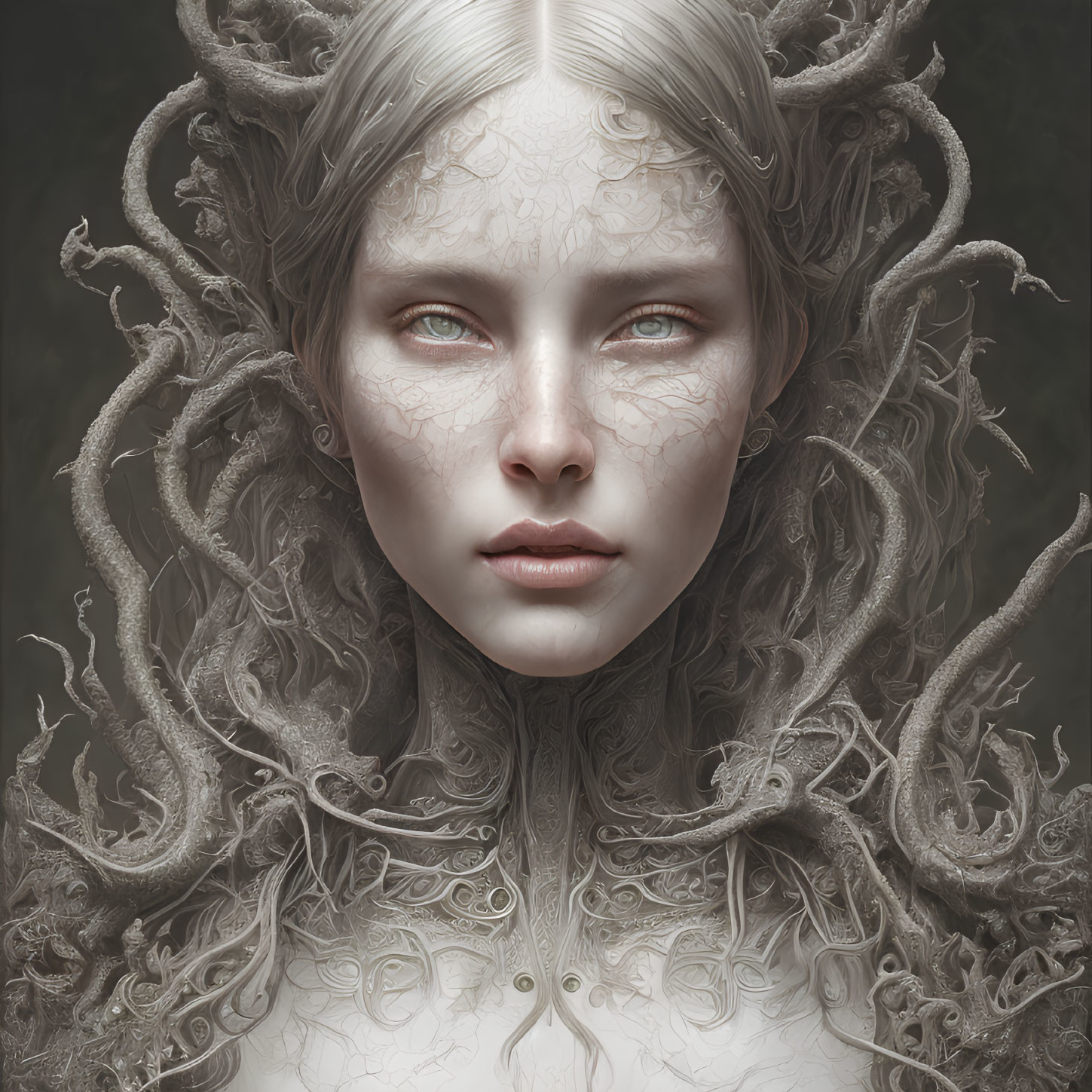 Ethereal woman with intricate skin patterns and snake-like tendrils