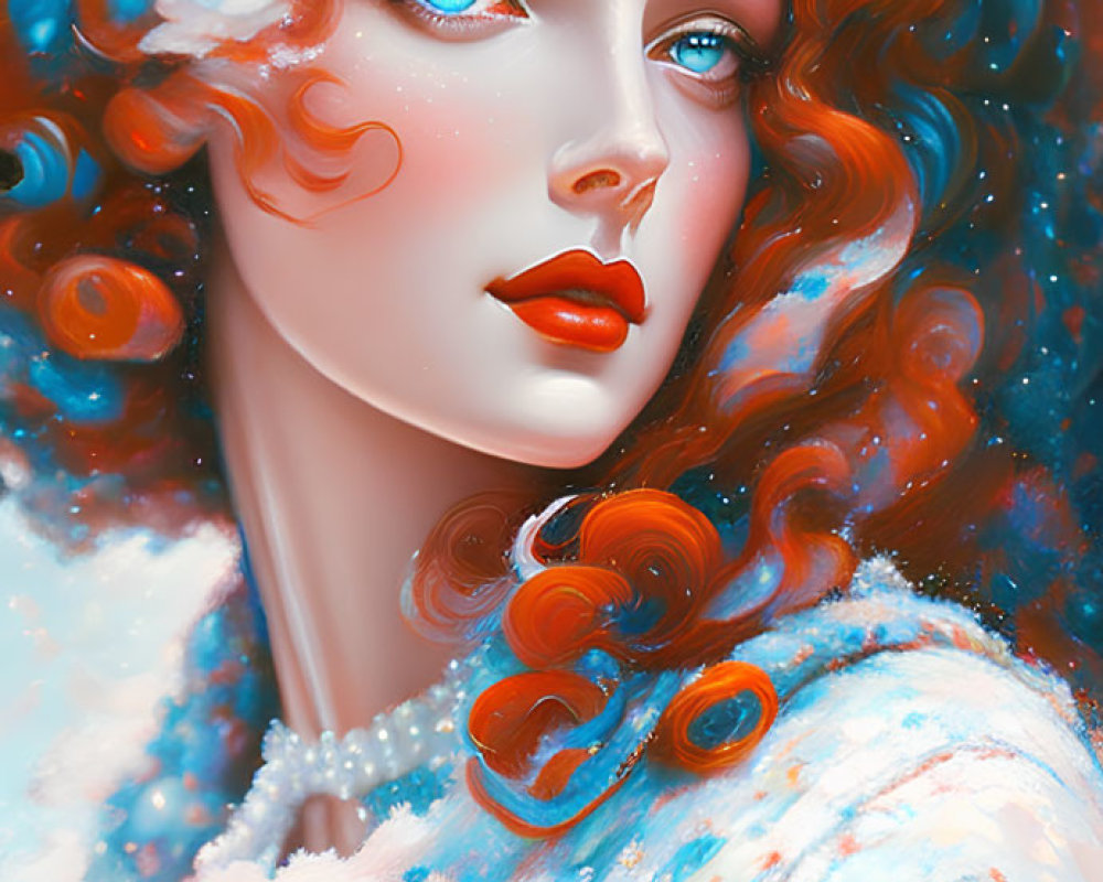Digital portrait of woman with red hair and blue eyes, white feather, celestial blue background