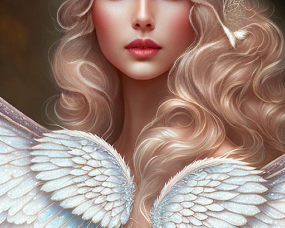 Blonde woman with white angel wings and golden hair accessories