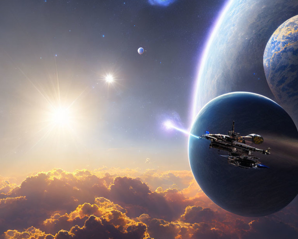 Spaceship hovers above vibrant clouds with planet, sun, and galaxy in background