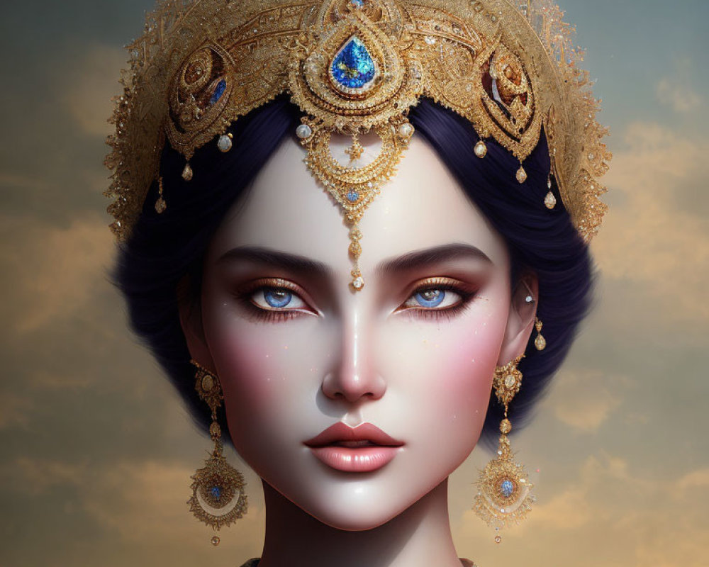Digital Art: Woman with Blue Hair & Eyes, Golden Tiara