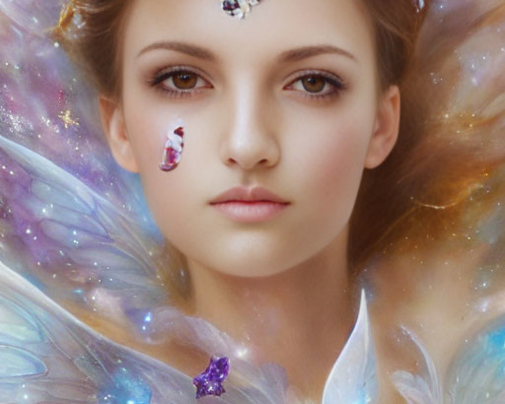 Serene woman with ethereal wings and celestial crystals in cosmic setting