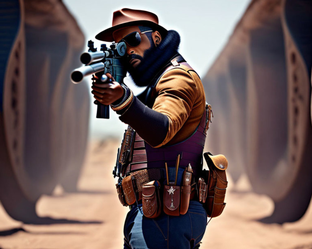 Western Outfit with Hat, Sunglasses, Beard, Rifle, and Animal Tusks