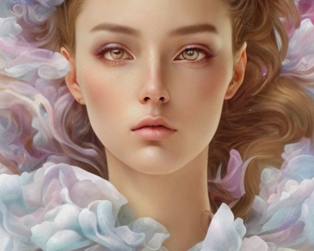 Detailed digital portrait of woman with striking eyes and colorful swirling flowers and clouds.