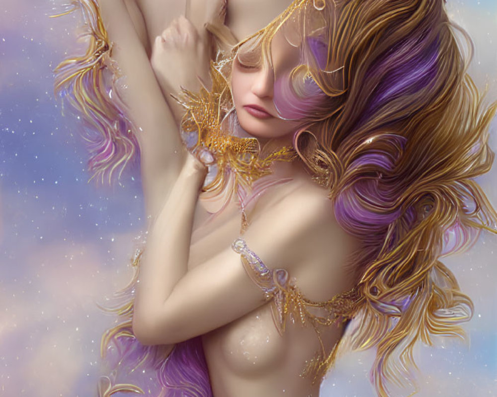 Ethereal women with purple and gold hair in celestial setting