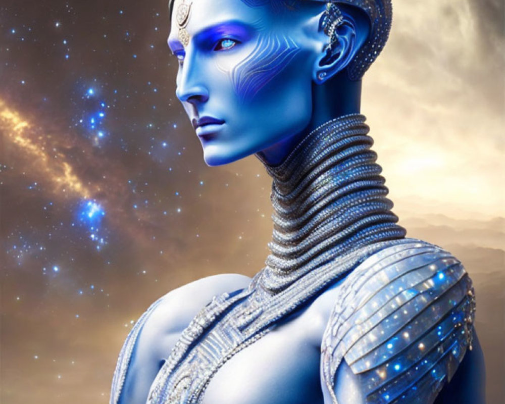 Blue-skinned humanoid in silver armor against cosmic backdrop