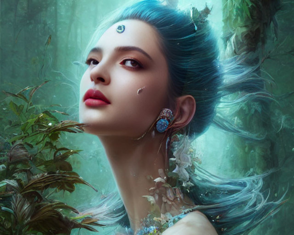 Blue-haired woman with nature-inspired jewelry in misty forest portrait