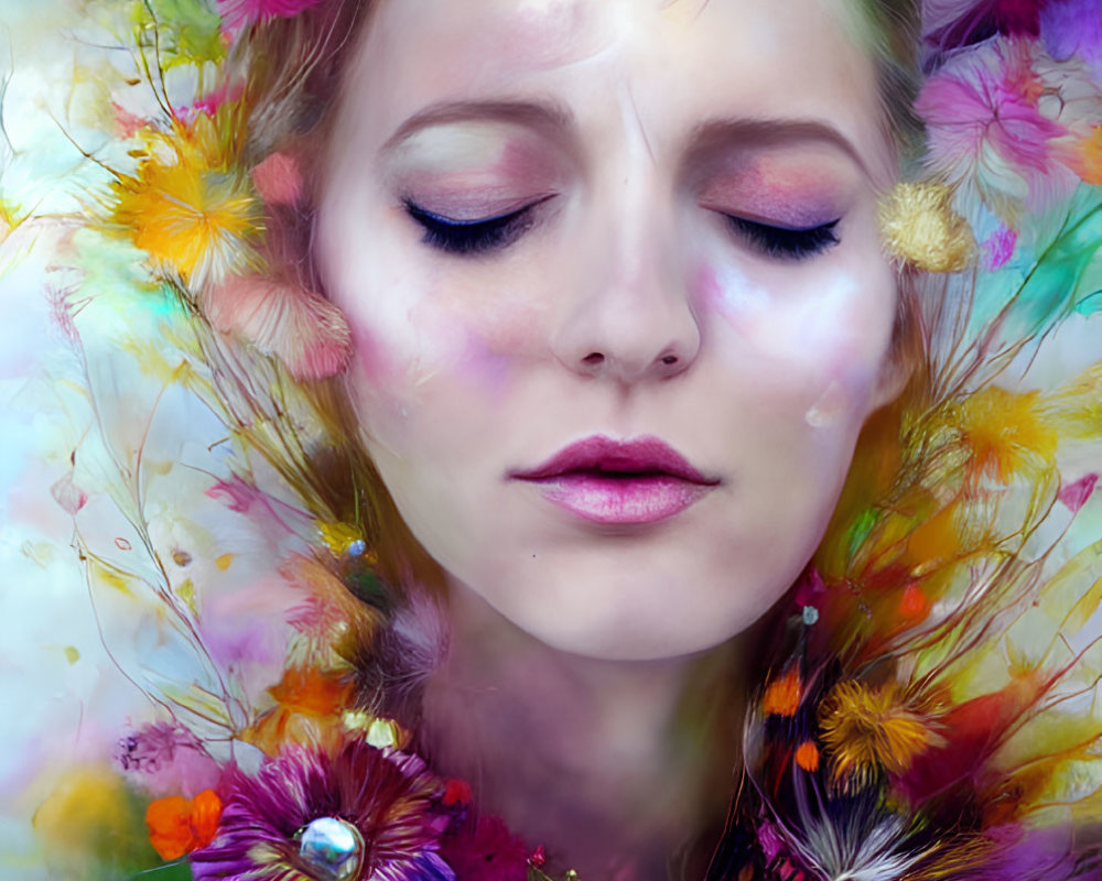 Vibrant digital painting of woman with flowers and feathers