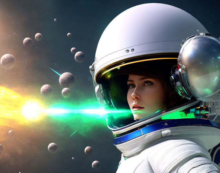 Female astronaut portrait with reflective helmet in deep space explosion scene