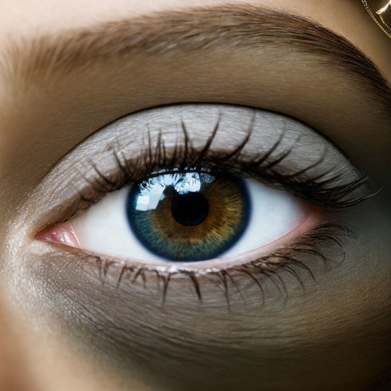 Detailed Close-Up of Blue and Brown Iris with Mascara and Gold Jewelry