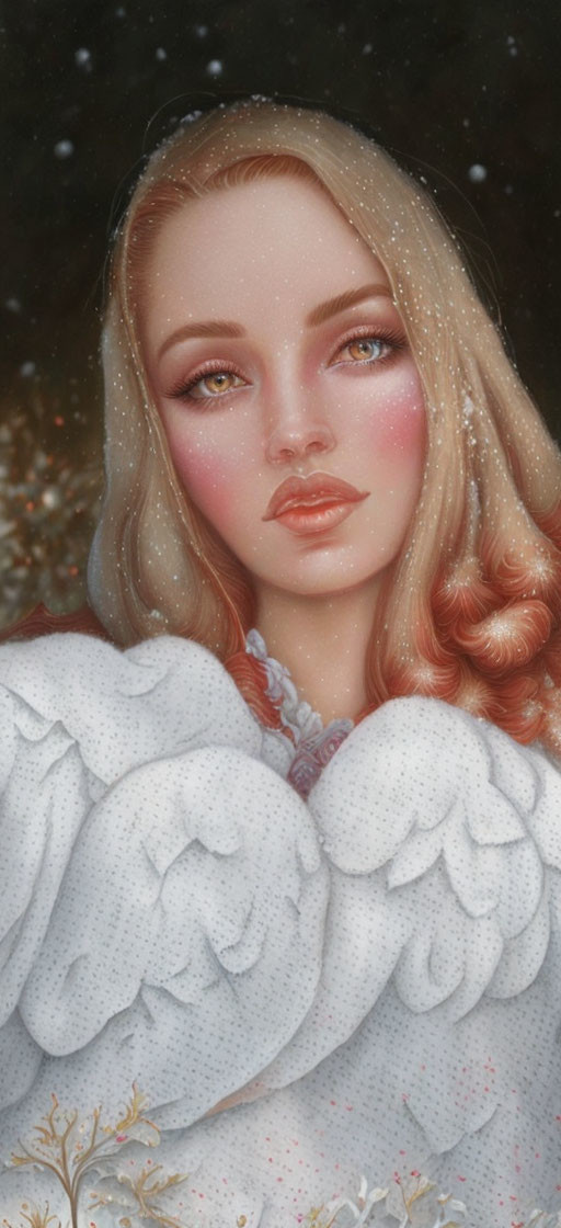 Portrait of woman with fair skin, blue eyes, and full lips in white cloak with falling snowfl