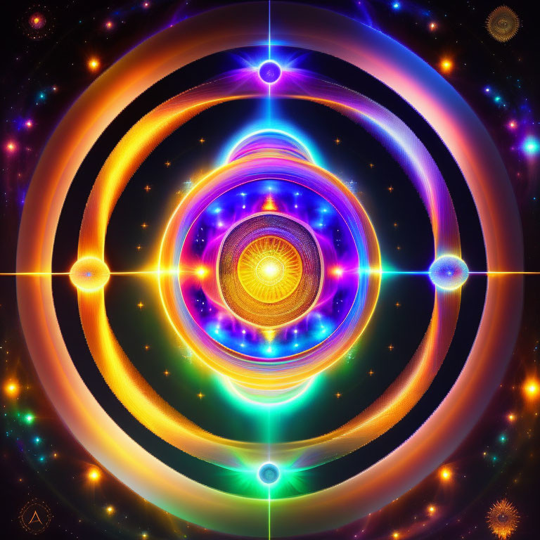 Vibrant Multicolored Fractal Image with Concentric Circles and Bright Light Points