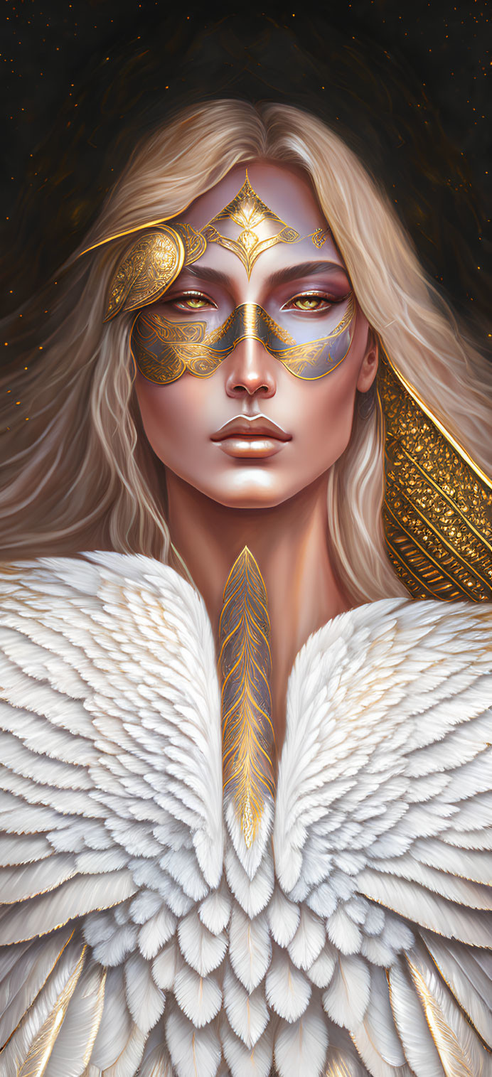 Digital Artwork: Woman with Golden Masquerade Mask and Feathered Wings
