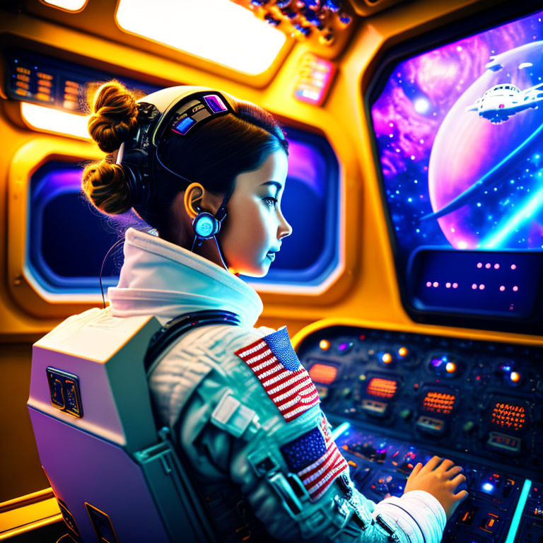 Female astronaut in spacecraft observing planet and shuttle through window with colorful cockpit lights reflecting on suit