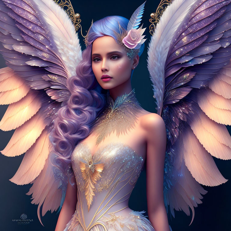Digital artwork featuring woman with large pink angel wings, lavender hair, and golden attire.