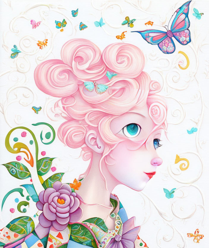 Whimsical woman with pink hair and butterflies on cream background