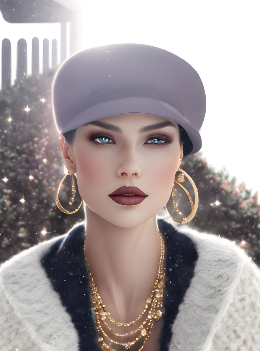 Stylized portrait of a woman with blue eyes, cap, earrings, fur coat, in win