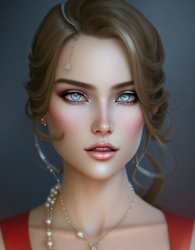 Portrait of Woman with Blue Eyes and Blonde Hair in Red Top and Pearl Jewelry