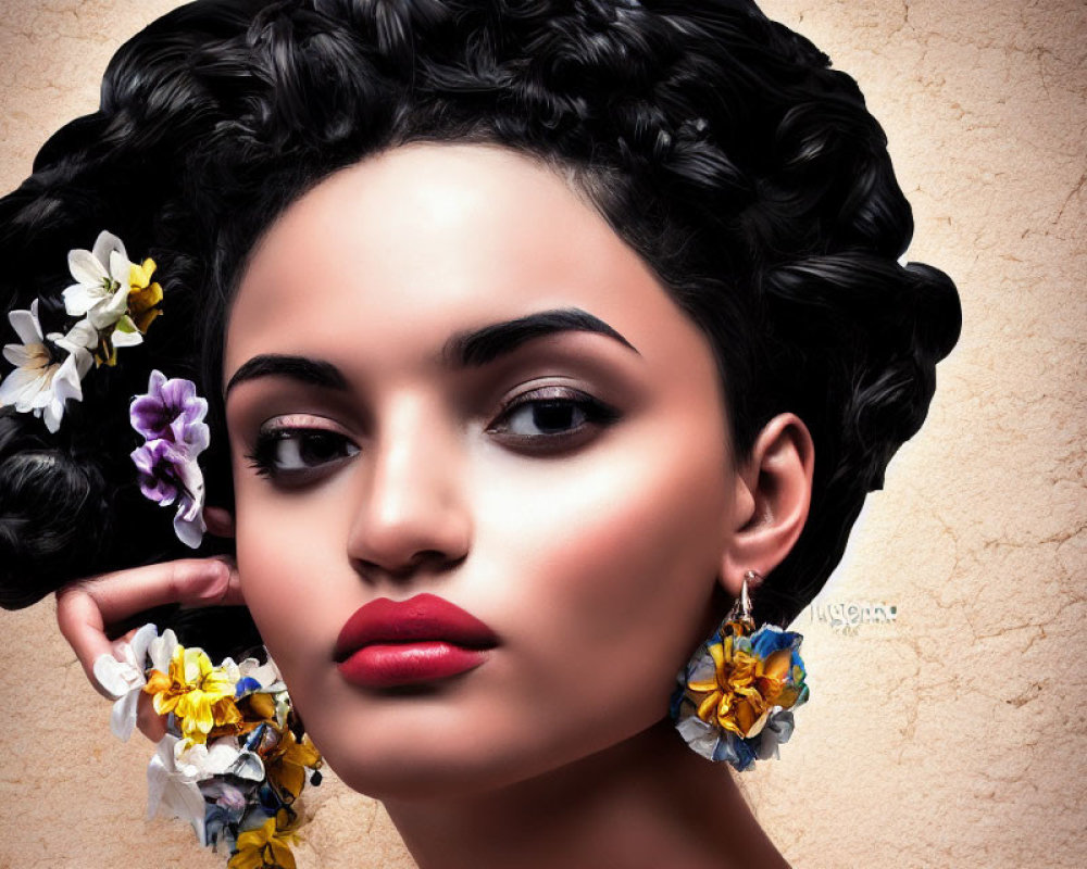 Portrait of a woman with dark hair, floral earrings, and colorful flowers