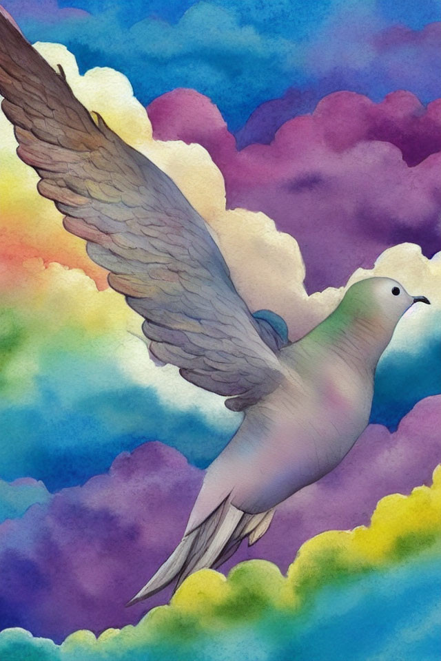 Dove in Flight Against Multicolored Watercolor Clouds