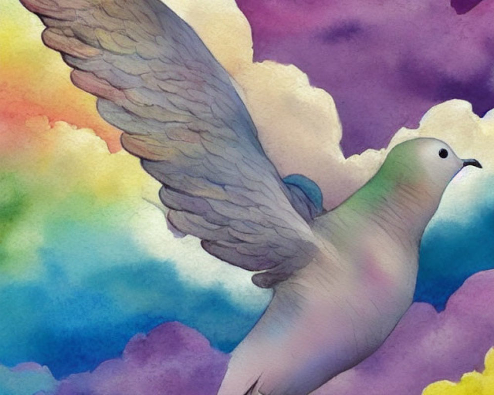 Dove in Flight Against Multicolored Watercolor Clouds