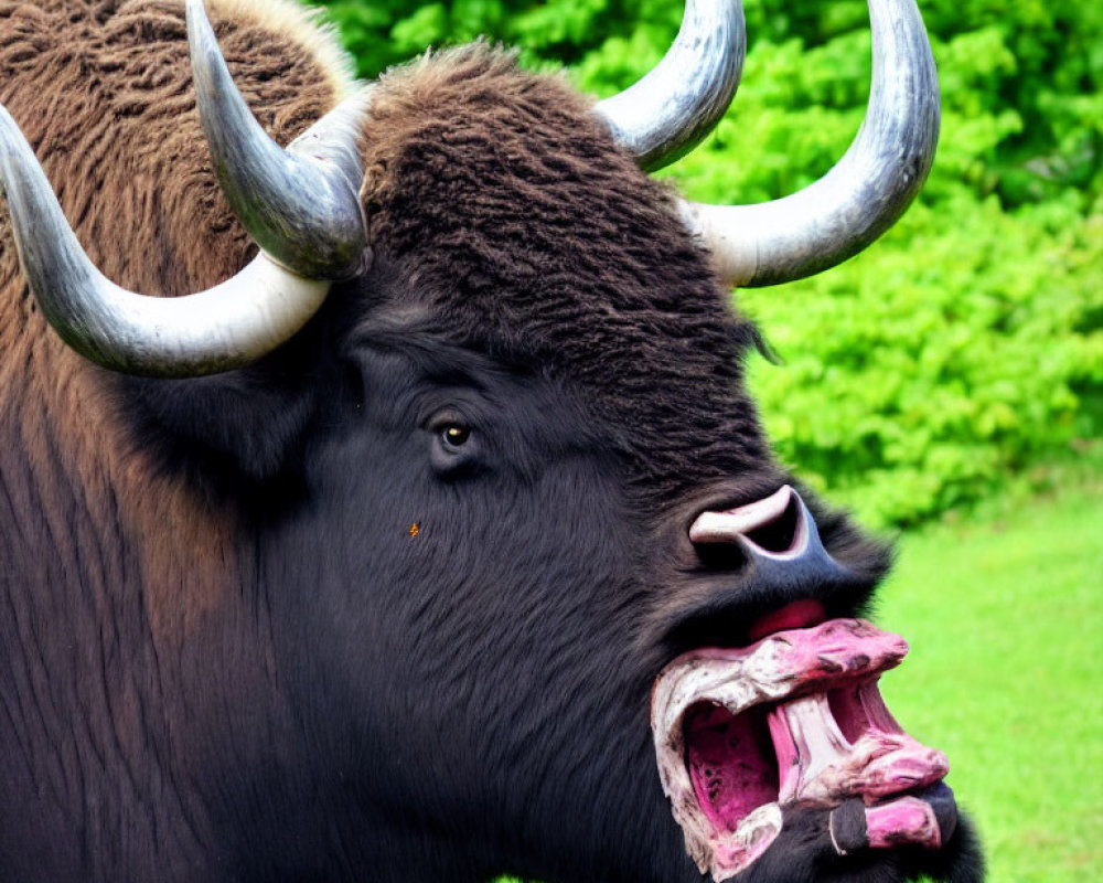 Close-up of Bison with Mouth Open and Tongue Out on Blurred Green Background