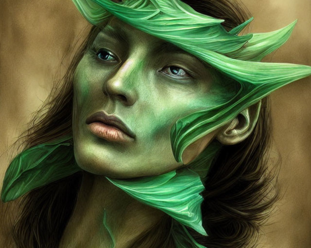 Two individuals with green, leaf-like extensions on their faces in digital artwork