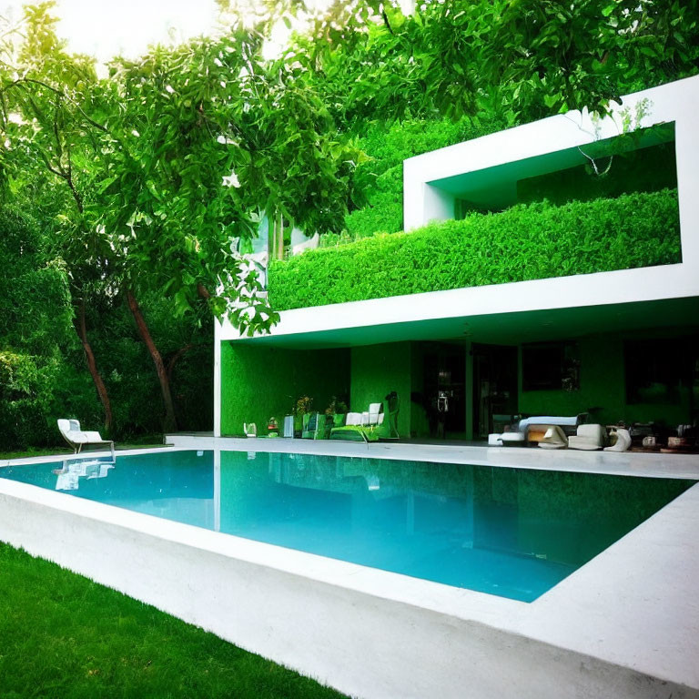 Modern House with Lush Greenery, Swimming Pool, and Manicured Lawn
