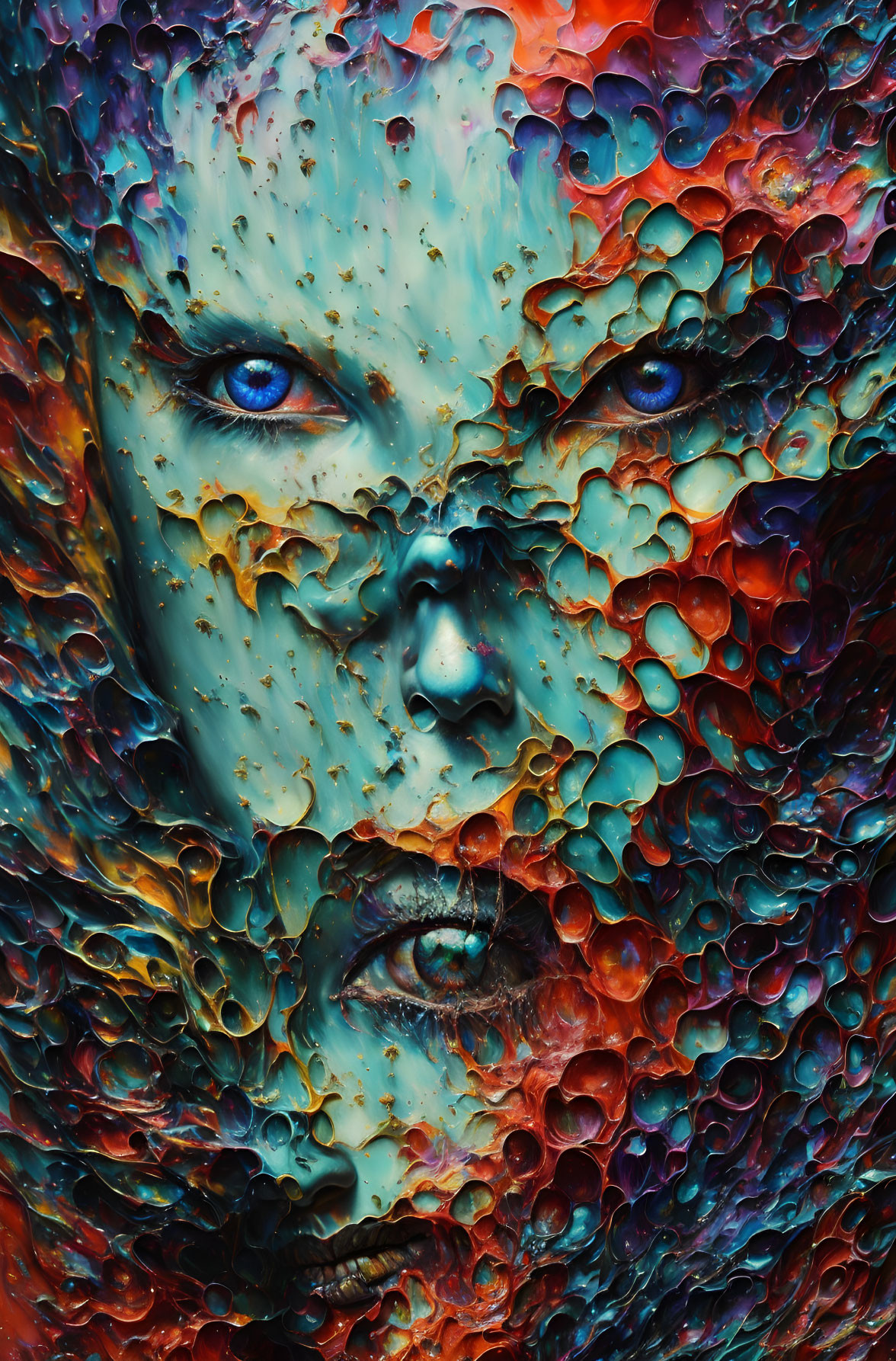 Colorful portrait with intense blue eyes and textured patterns.