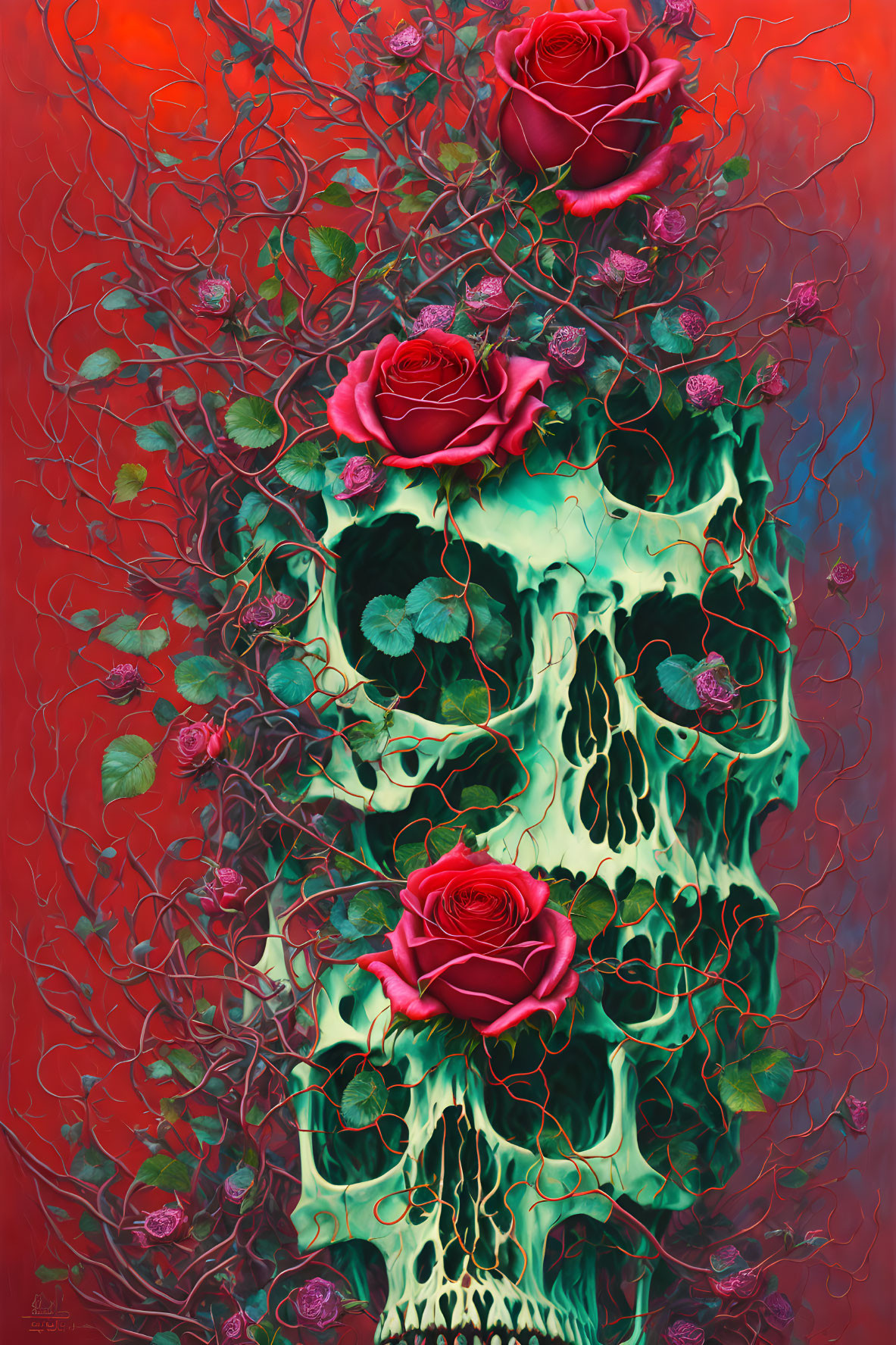 Skull with roses and vines on red background symbolizing life and decay