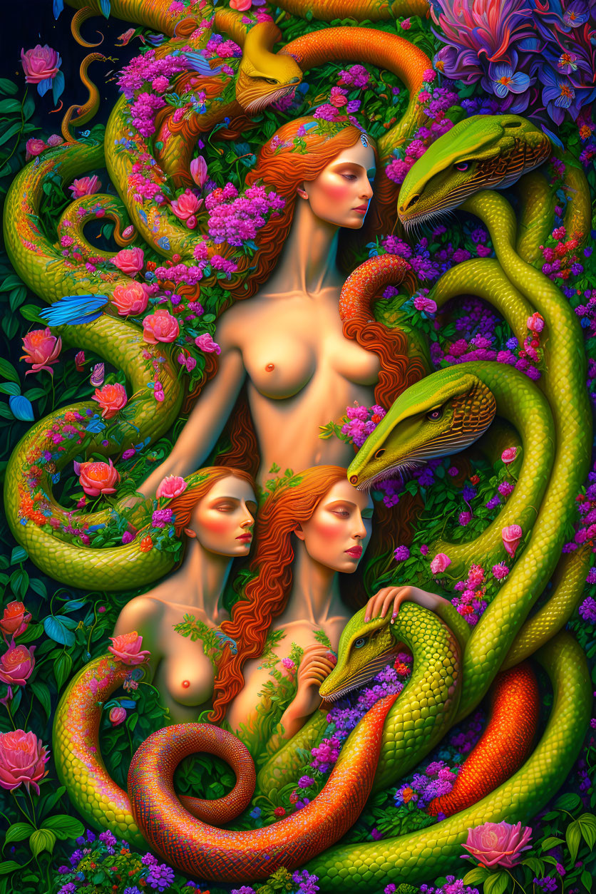 Colorful Illustration of Three Women with Serpentine Bodies in Floral Setting