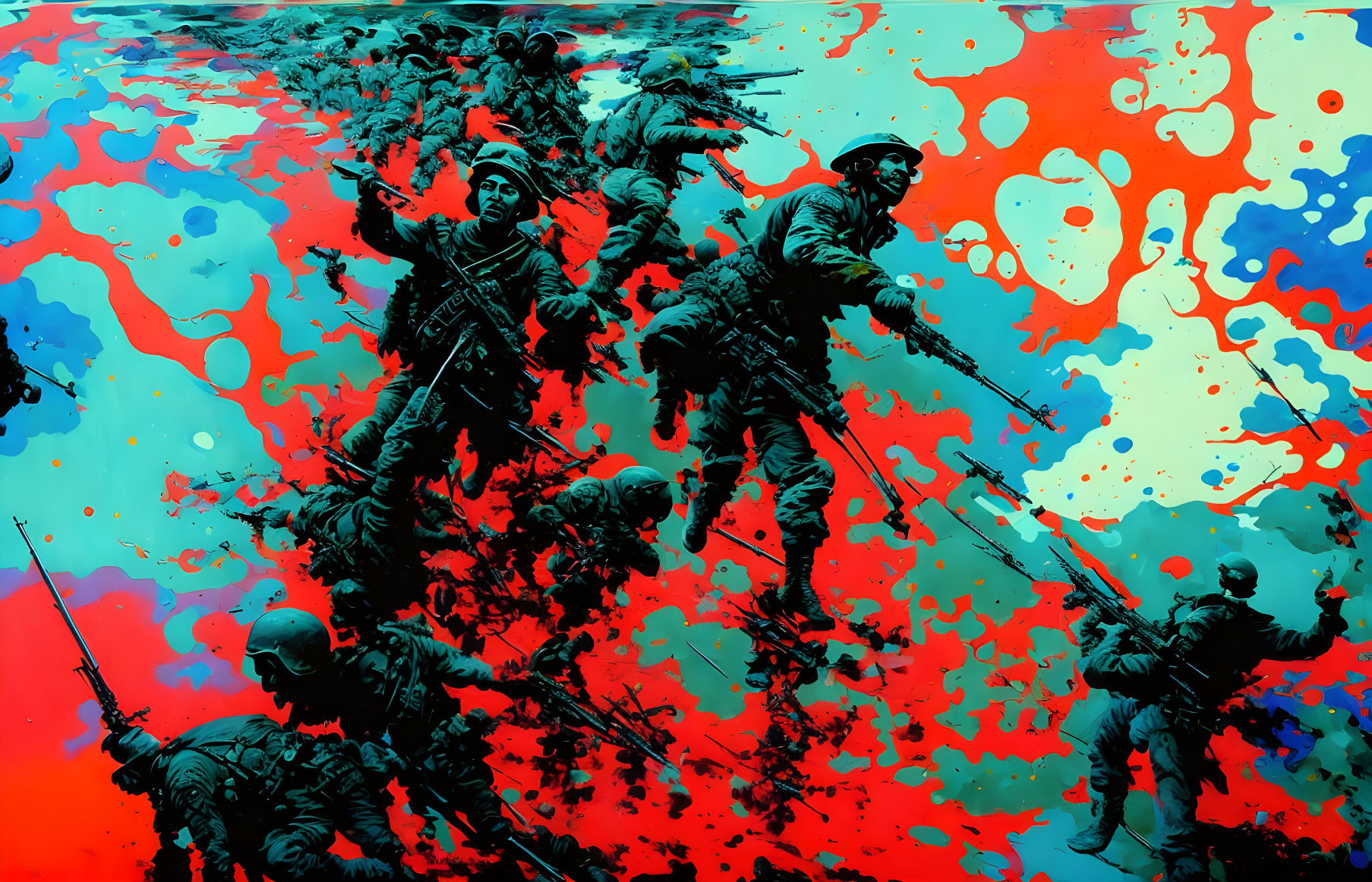 Abstract artwork: Silhouetted soldiers in chaotic red and blue ink splashes